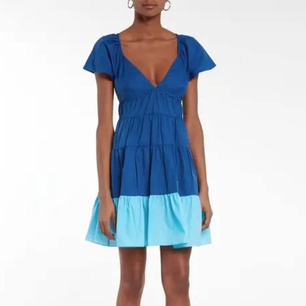 Staud Corsica Tiered Taffeta Mini Dress in Cobalt/Amalfi Size Medium